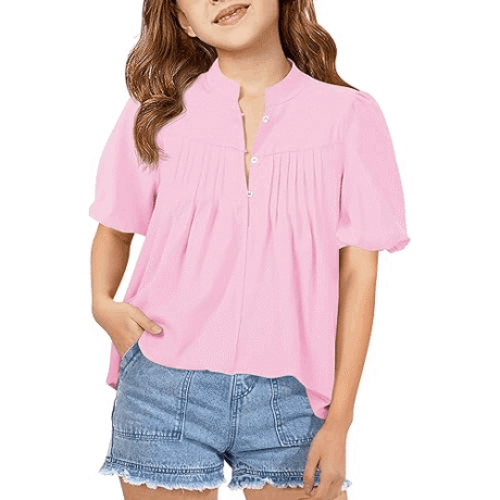 Girls Puff Short Sleeve Shirts Kids Casual Pleated Half Button Loose Blouse Summer Tops 5-14 Years